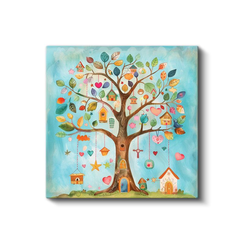 Sihirli Ağaç - Renkli Yapraklar ve Küçük Evler Kanvas Tablo