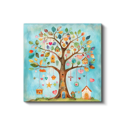 Sihirli Ağaç - Renkli Yapraklar ve Küçük Evler Kanvas Tablo