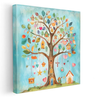 Sihirli Ağaç - Renkli Yapraklar ve Küçük Evler Kanvas Tablo