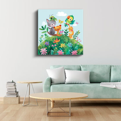 Çiçek Bahçesi - Sevimli Hayvan Dostları Kanvas Tablo