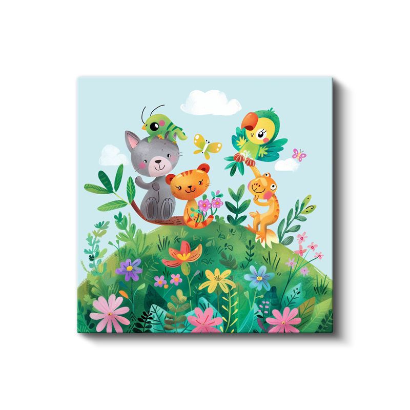Çiçek Bahçesi - Sevimli Hayvan Dostları Kanvas Tablo