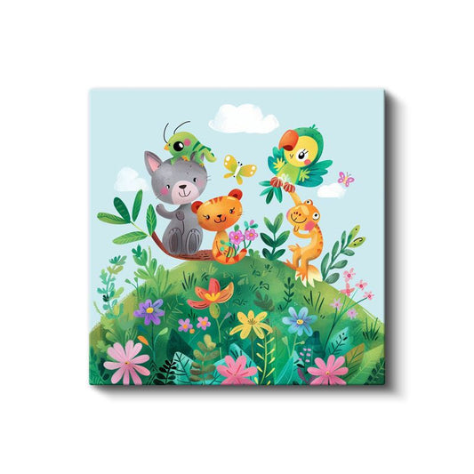 Çiçek Bahçesi - Sevimli Hayvan Dostları Kanvas Tablo