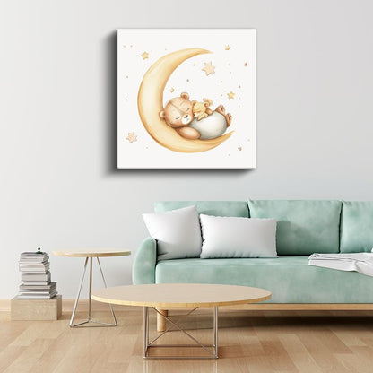 Ay Üzerinde Uyuyan Ayıcık - Yıldızlı Gece Masalı Kanvas Tablo