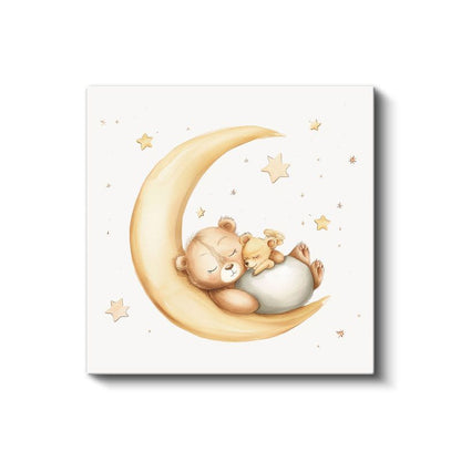 Ay Üzerinde Uyuyan Ayıcık - Yıldızlı Gece Masalı Kanvas Tablo