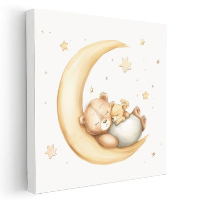 Ay Üzerinde Uyuyan Ayıcık - Yıldızlı Gece Masalı Kanvas Tablo