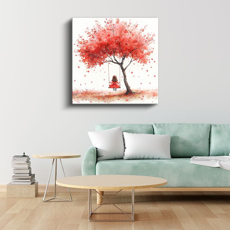 Kırmızı Ağaç Altında Salıncak - Sonbahar Rüyası Kanvas Tablo