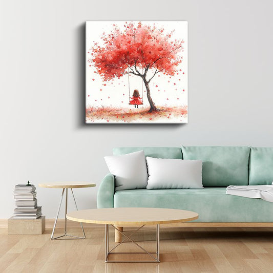 Kırmızı Ağaç Altında Salıncak - Sonbahar Rüyası Kanvas Tablo