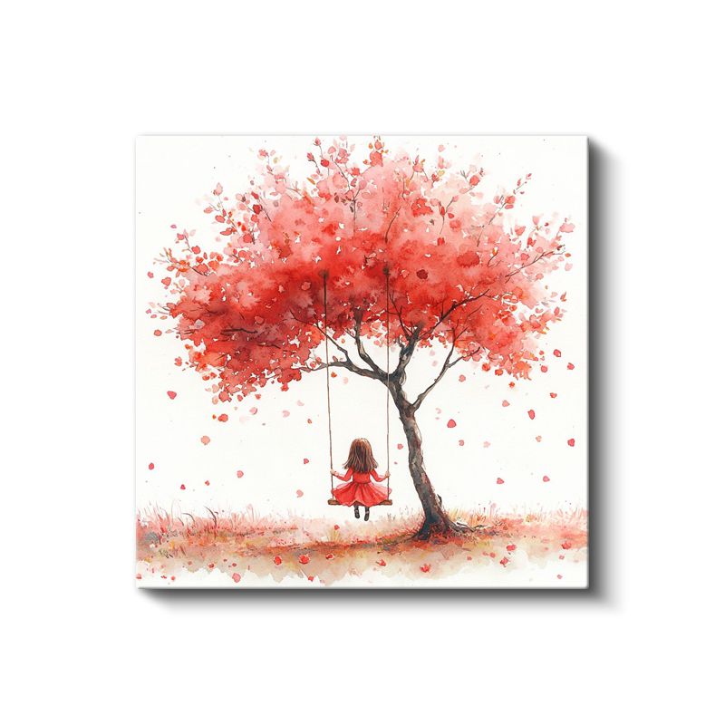 Kırmızı Ağaç Altında Salıncak - Sonbahar Rüyası Kanvas Tablo