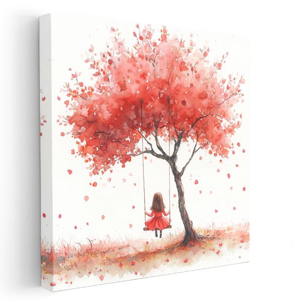 Kırmızı Ağaç Altında Salıncak - Sonbahar Rüyası Kanvas Tablo