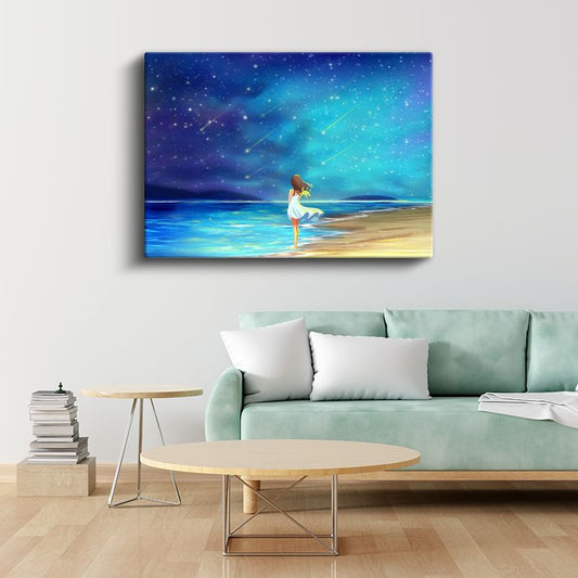 Yıldız Kayması - Sahilde Hayal Kuran Kız Kanvas Tablo