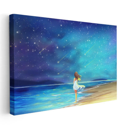 Yıldız Kayması - Sahilde Hayal Kuran Kız Kanvas Tablo