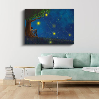 Yıldızlı Gece - Ağaç Altında Hayal Kuran Çocuk Kanvas Tablo
