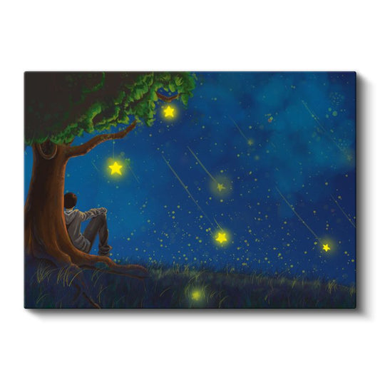 Yıldızlı Gece - Ağaç Altında Hayal Kuran Çocuk Kanvas Tablo