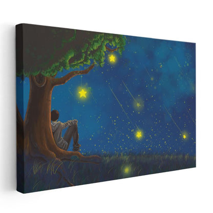 Yıldızlı Gece - Ağaç Altında Hayal Kuran Çocuk Kanvas Tablo