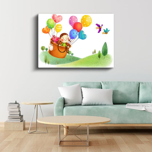Balonlu Macera - Renkli Balonlarla Uçan Çocuk Kanvas Tablo