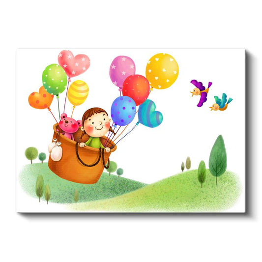 Balonlu Macera - Renkli Balonlarla Uçan Çocuk Kanvas Tablo