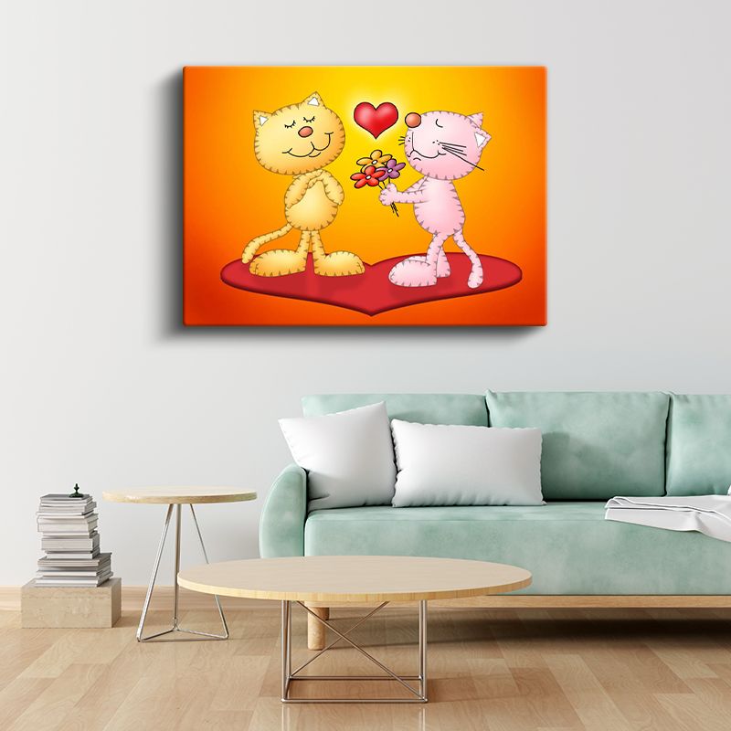 Sevimli Kediler - Aşk Temalı Dekoratif Kanvas Tablo