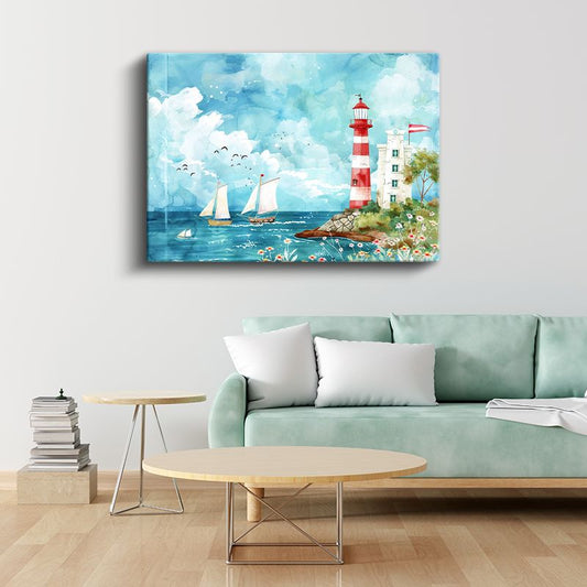 Deniz Feneri - Yelkenliler Temalı Dekoratif Kanvas Tablo