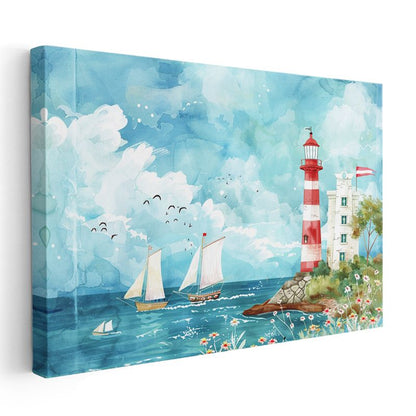 Deniz Feneri - Yelkenliler Temalı Dekoratif Kanvas Tablo