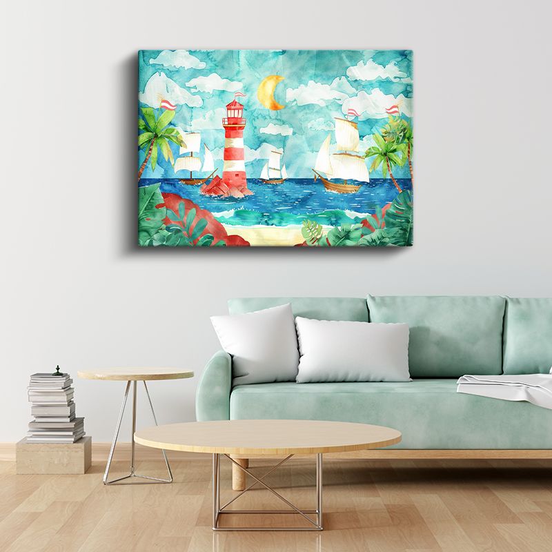 Gece Denizi - Deniz Feneri ve Yelkenliler Kanvas Tablo