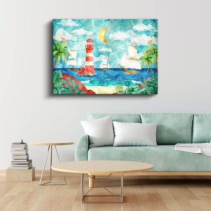 Gece Denizi - Deniz Feneri ve Yelkenliler Kanvas Tablo