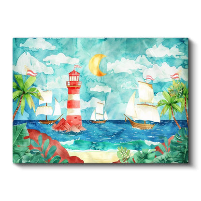 Gece Denizi - Deniz Feneri ve Yelkenliler Kanvas Tablo
