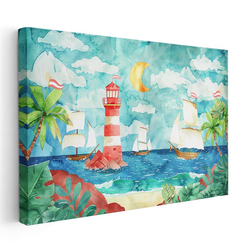 Gece Denizi - Deniz Feneri ve Yelkenliler Kanvas Tablo