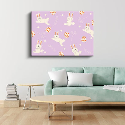 Sevimli Tavşanlar - Mor Zeminde Çiçekli Desen Kanvas Tablo