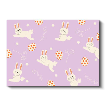 Sevimli Tavşanlar - Mor Zeminde Çiçekli Desen Kanvas Tablo