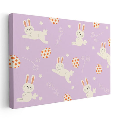 Sevimli Tavşanlar - Mor Zeminde Çiçekli Desen Kanvas Tablo