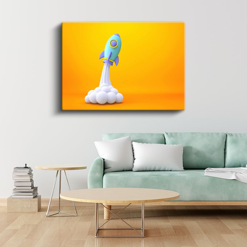 Mavi Roket - Turuncu Zeminde Uzay Macerası Kanvas Tablo