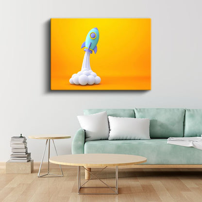 Mavi Roket - Turuncu Zeminde Uzay Macerası Kanvas Tablo