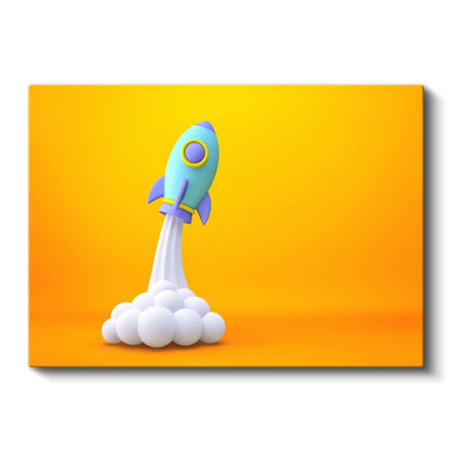 Mavi Roket - Turuncu Zeminde Uzay Macerası Kanvas Tablo
