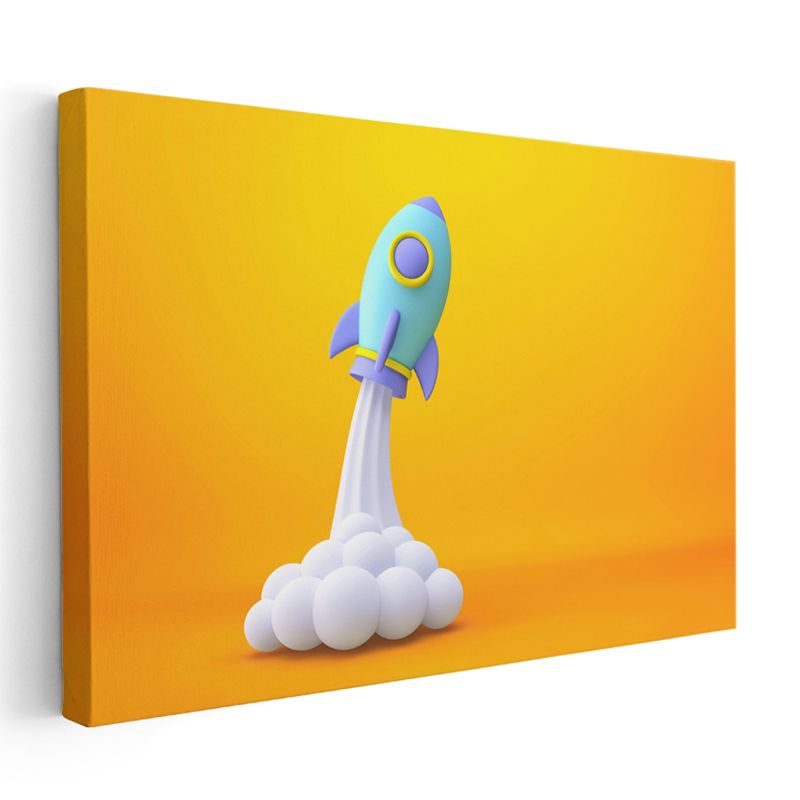 Mavi Roket - Turuncu Zeminde Uzay Macerası Kanvas Tablo