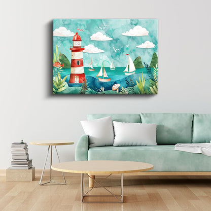 Deniz Feneri - Turkuaz Sularda Yelkenliler Kanvas Tablo