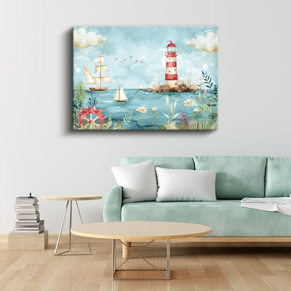 Deniz Feneri - Yelkenliler ve Dalgalar Kanvas Tablo