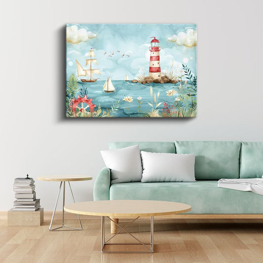 Deniz Feneri - Yelkenliler ve Dalgalar Kanvas Tablo