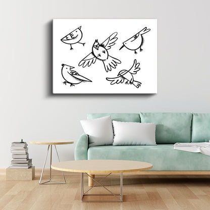 Siyah Beyaz Kuşlar - Minimalist Çizim Kanvas Tablo