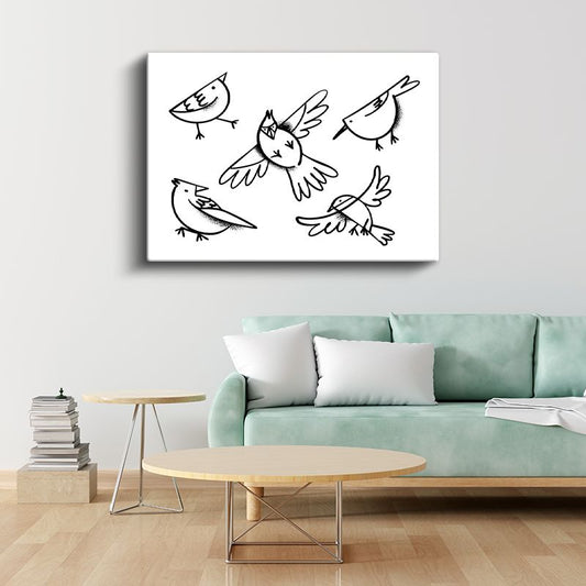 Siyah Beyaz Kuşlar - Minimalist Çizim Kanvas Tablo