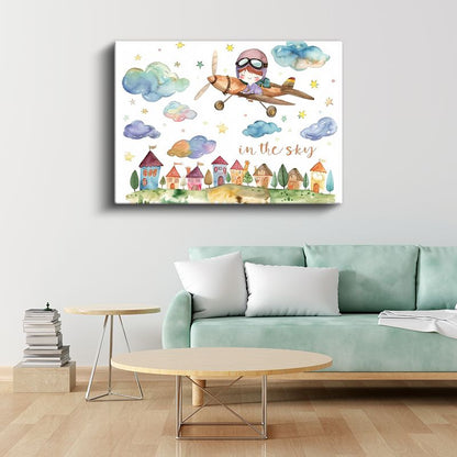 Gökyüzü Macerası - Uçak ve Bulutlar Kanvas Tablo
