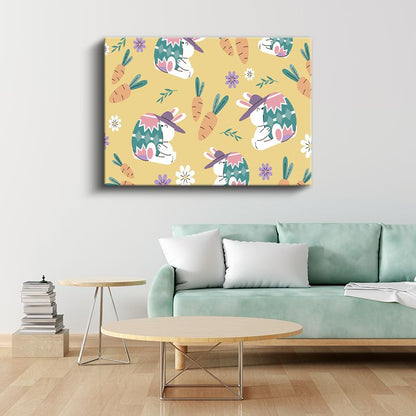 Şapkalı Tavşanlar - Havuç Desenli Kanvas Tablo