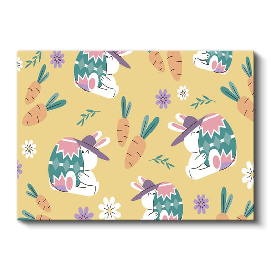 Şapkalı Tavşanlar - Havuç Desenli Kanvas Tablo