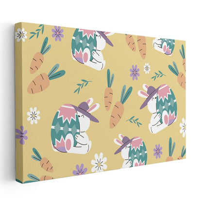 Şapkalı Tavşanlar - Havuç Desenli Kanvas Tablo