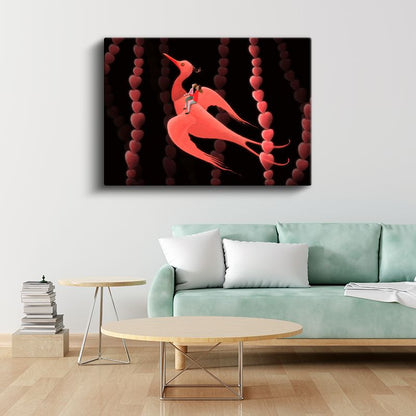 Kırmızı Kuş - Kalp Zincirli Fantastik Kanvas Tablo