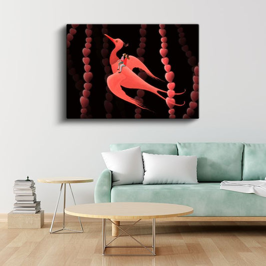 Kırmızı Kuş - Kalp Zincirli Fantastik Kanvas Tablo