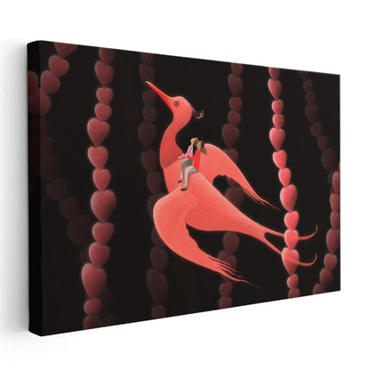 Kırmızı Kuş - Kalp Zincirli Fantastik Kanvas Tablo