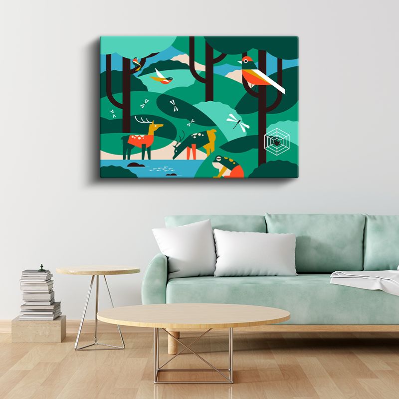 Orman Manzarası - Renkli Hayvanlar Kanvas Tablo