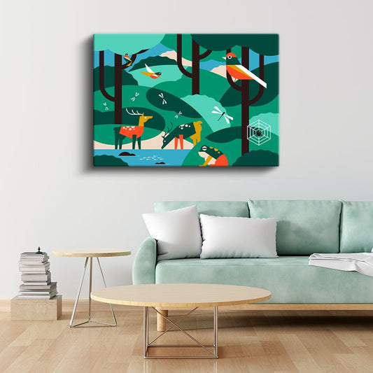 Orman Manzarası - Renkli Hayvanlar Kanvas Tablo