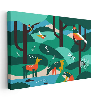 Orman Manzarası - Renkli Hayvanlar Kanvas Tablo