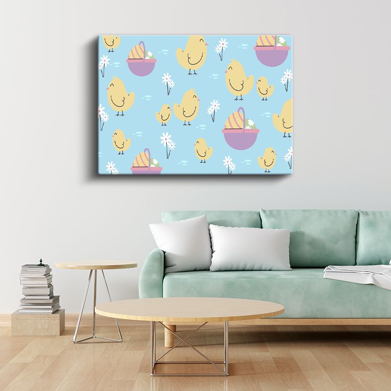 Sevimli Civcivler - Mavi Zeminde Çiçekli Desen Kanvas Tablo